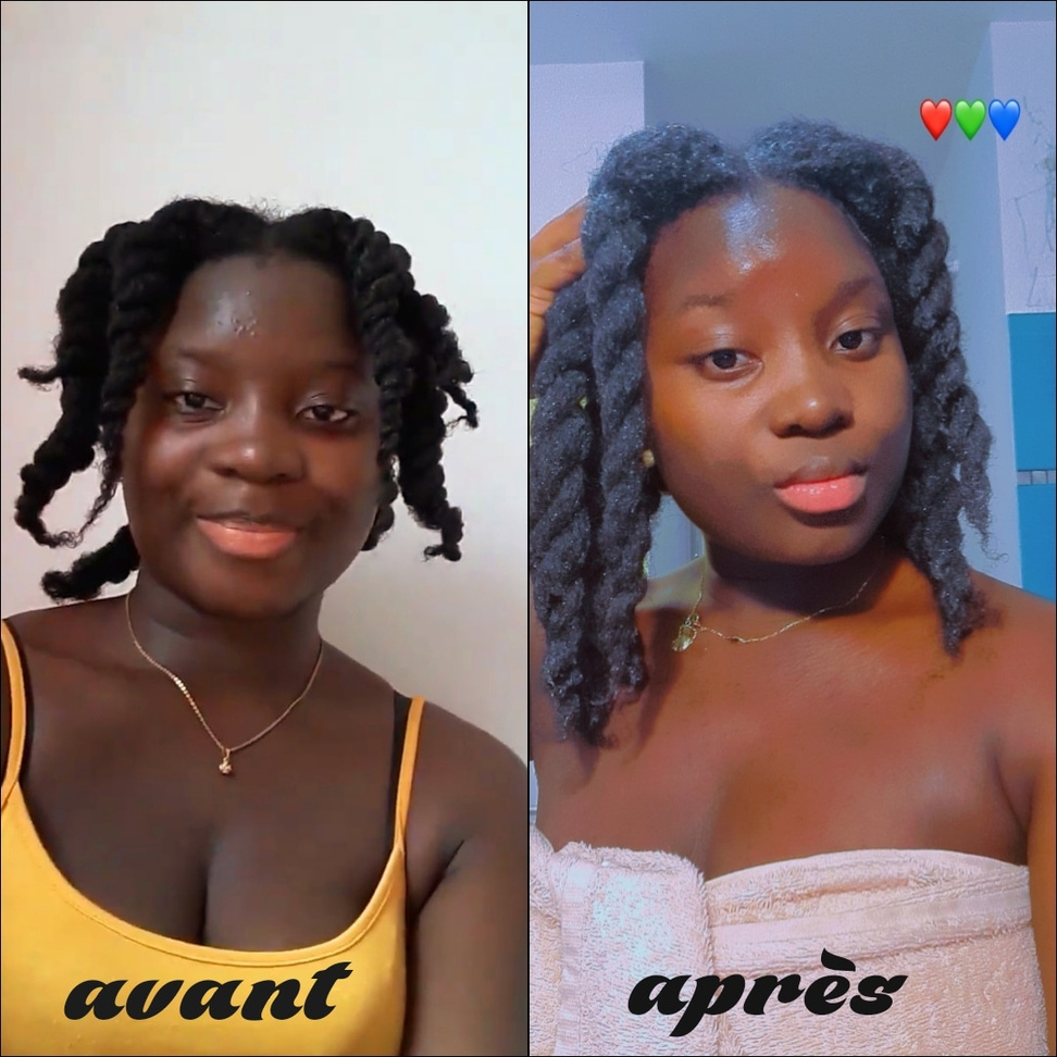 Sacha, comparaison avant et après présentée dans l'atelier, cheveux coiffés en twists sur les deux photos